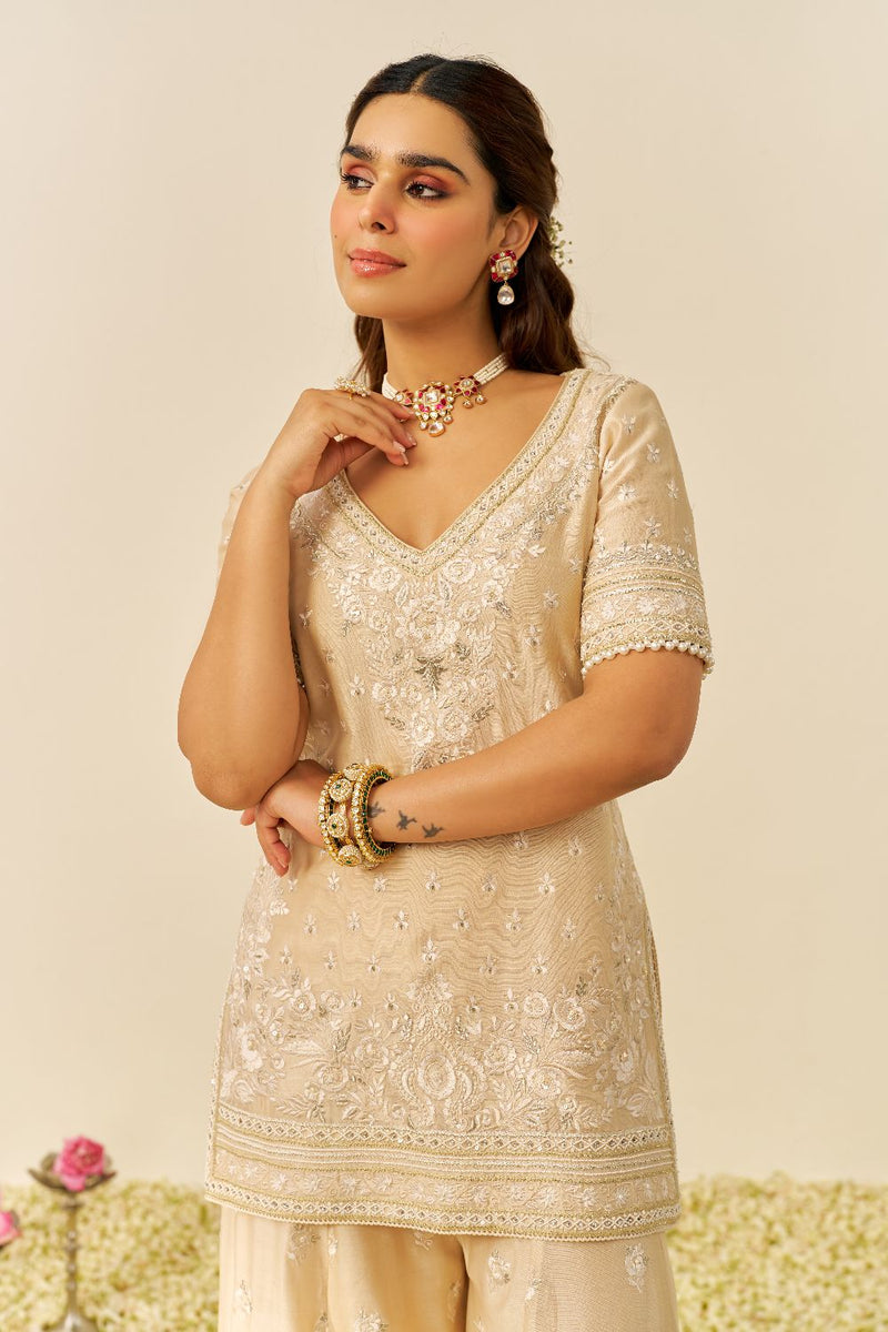 Sameeha - Short Kurta With Sharara And Dupatta-Beige silk by SHEETAL BATRA in beige color for women in Singapore