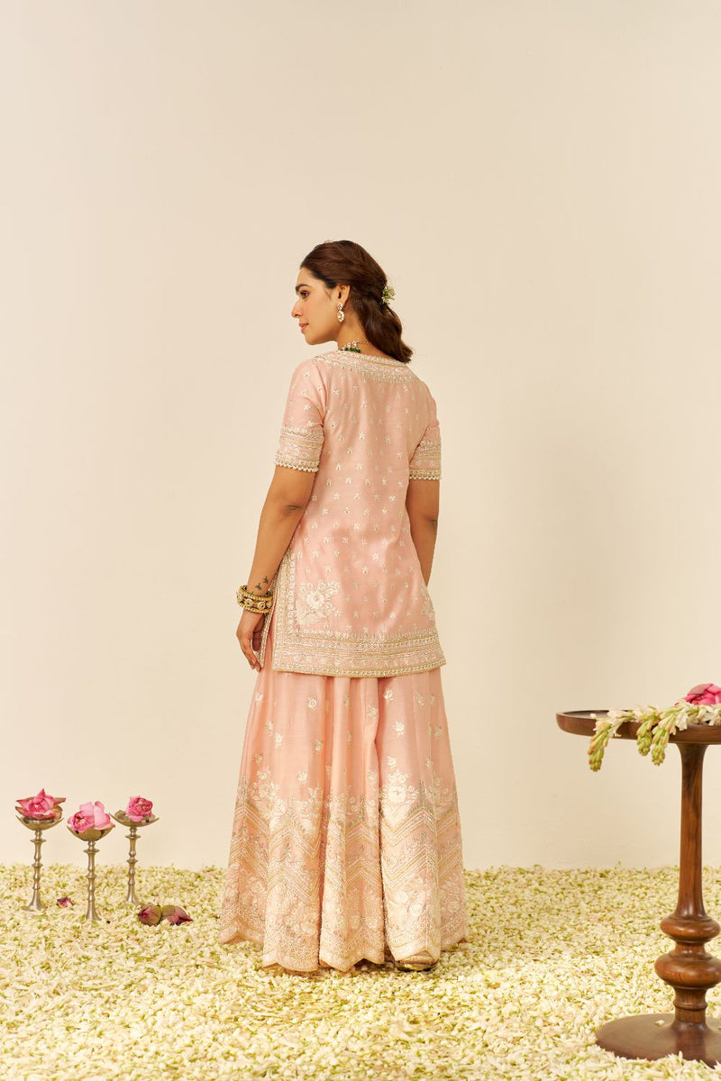 Sameeha - Short Kurta With Sharara And Dupatta-Off Rose silk by SHEETAL BATRA in pink color for women in Singapore