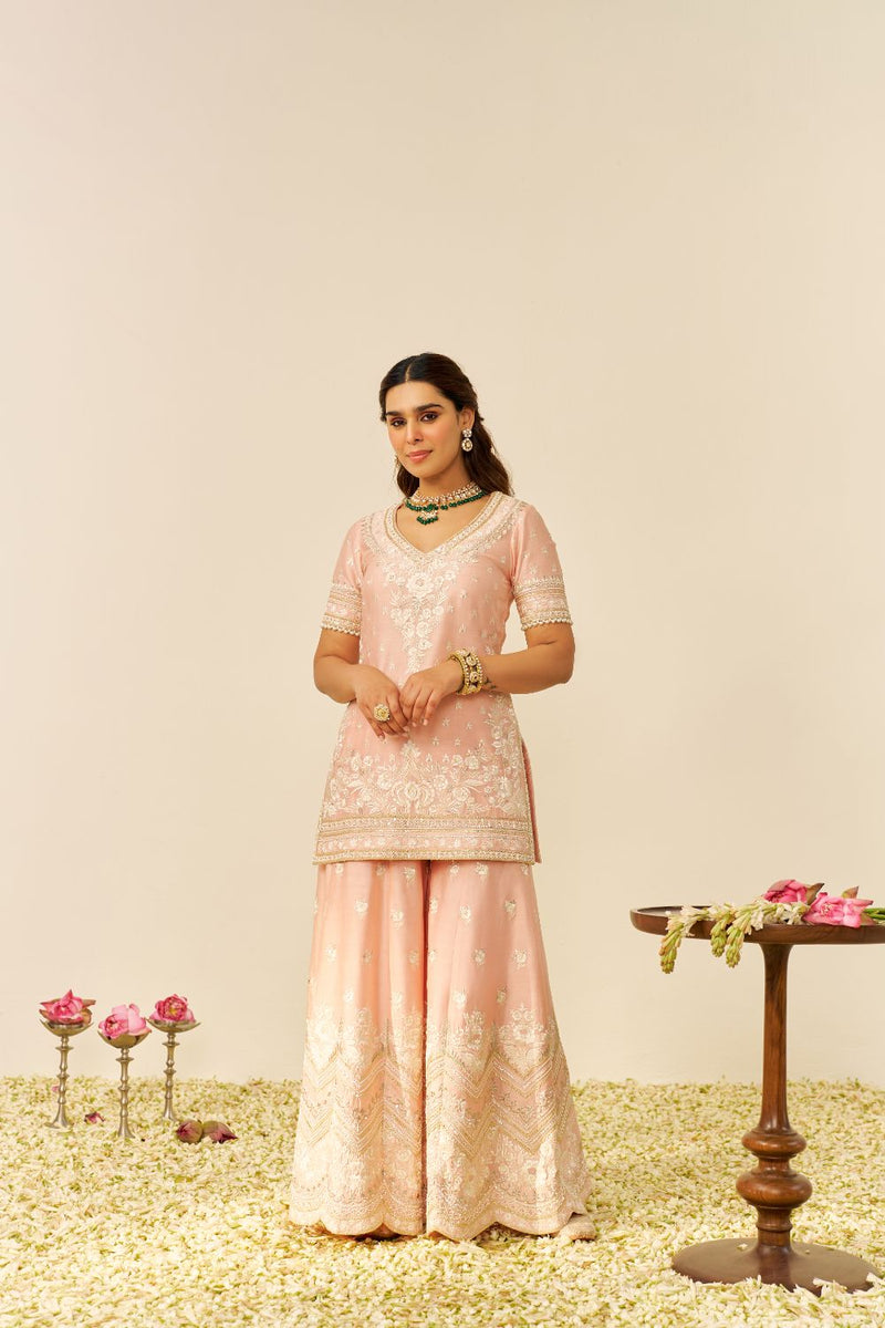 Sameeha - Short Kurta With Sharara And Dupatta-Off Rose silk by SHEETAL BATRA in pink color for women in Singapore