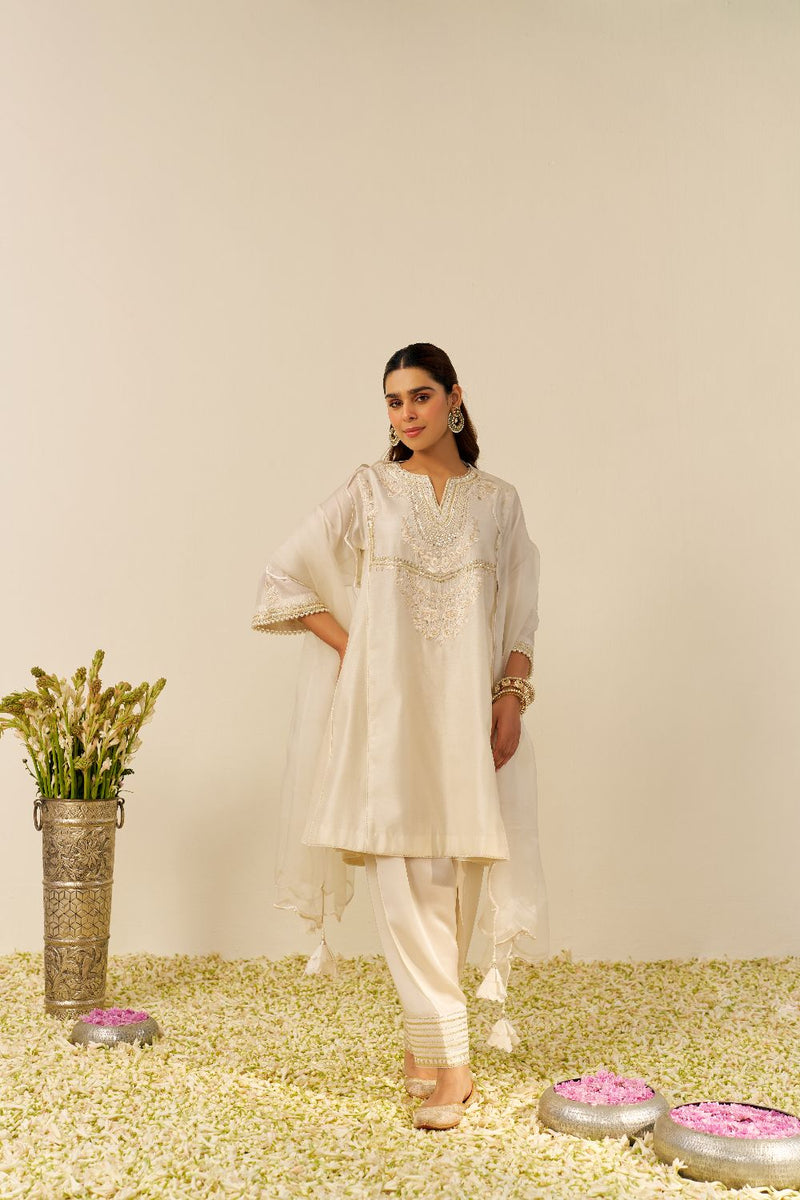 Aiza - Short Chauga With Salwar-Daisy Ivory silk by SHEETAL BATRA in ivory color for women in Singapore