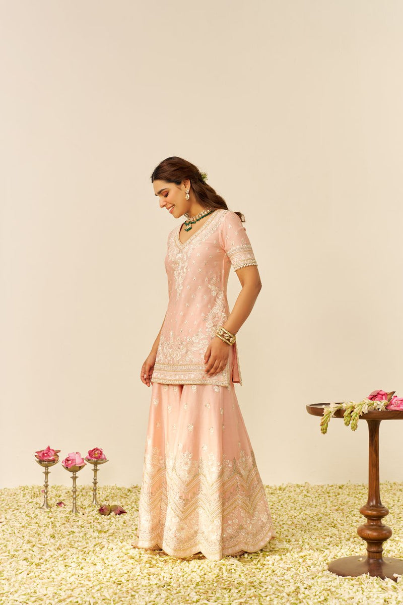 Sameeha - Short Kurta With Sharara And Dupatta-Off Rose silk by SHEETAL BATRA in pink color for women in Singapore