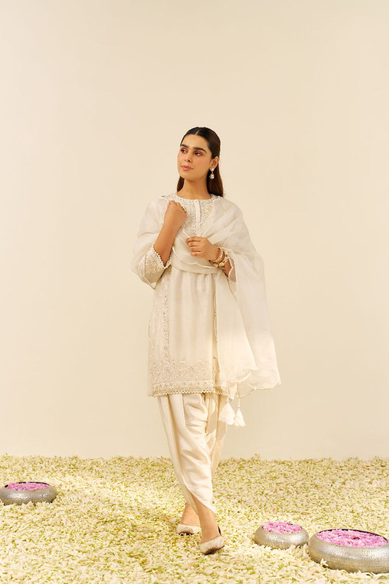 Zaisha - Short Kurta With Dhoti-Daisy Ivory silk by SHEETAL BATRA in ivory color for women in Singapore