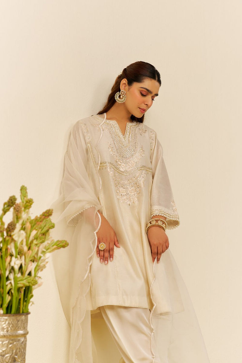 Aiza - Short Chauga With Salwar-Daisy Ivory silk by SHEETAL BATRA in ivory color for women in Singapore