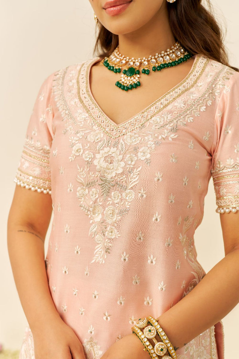 Sameeha - Short Kurta With Sharara And Dupatta-Off Rose silk by SHEETAL BATRA in pink color for women in Singapore