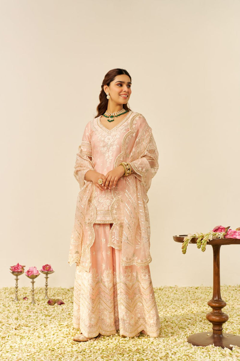 Sameeha - Short Kurta With Sharara And Dupatta-Off Rose silk by SHEETAL BATRA in pink color for women in Singapore