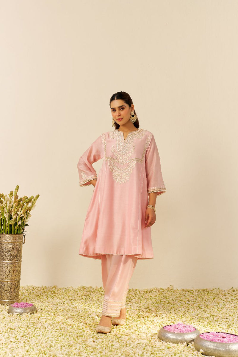 Aiza - Short Chauga With Salwar-Blush Pink silk by SHEETAL BATRA in blush color for women in Singapore