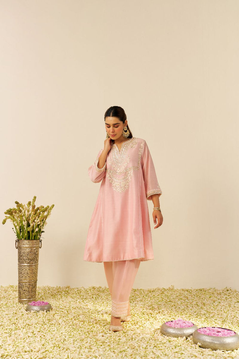 Aiza - Short Chauga With Salwar-Blush Pink silk by SHEETAL BATRA in blush color for women in Singapore