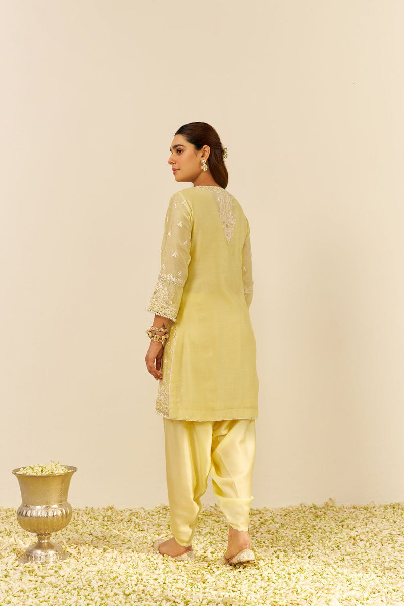 Zaisha - Short Kurta With Dhoti-Lemon Yellow silk by SHEETAL BATRA in yellow color for women in Singapore
