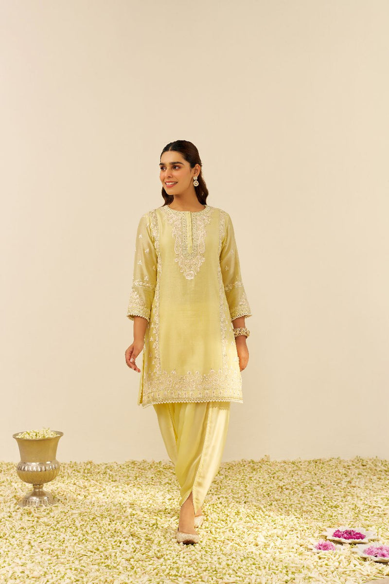 Zaisha - Short Kurta With Dhoti-Lemon Yellow silk by SHEETAL BATRA in yellow color for women in Singapore