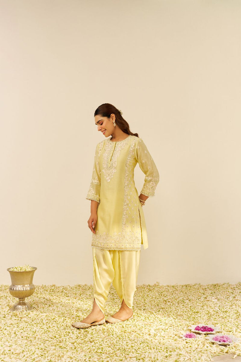 Zaisha - Short Kurta With Dhoti-Lemon Yellow silk by SHEETAL BATRA in yellow color for women in Singapore