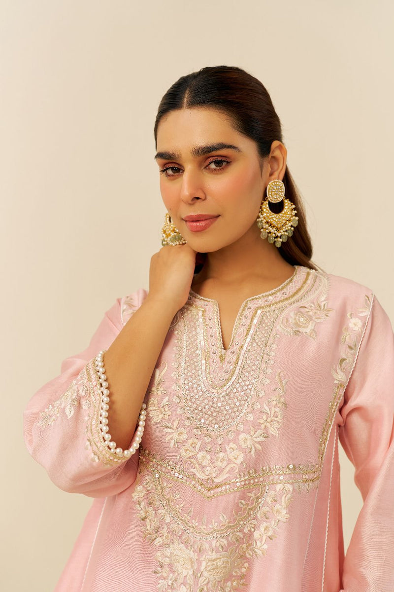 Aiza - Short Chauga With Salwar-Blush Pink silk by SHEETAL BATRA in blush color for women in Singapore