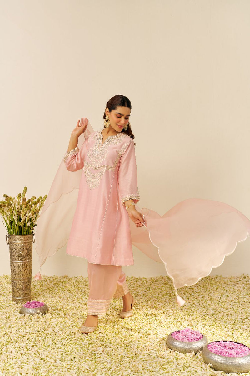 Aiza - Short Chauga With Salwar-Blush Pink silk by SHEETAL BATRA in blush color for women in Singapore