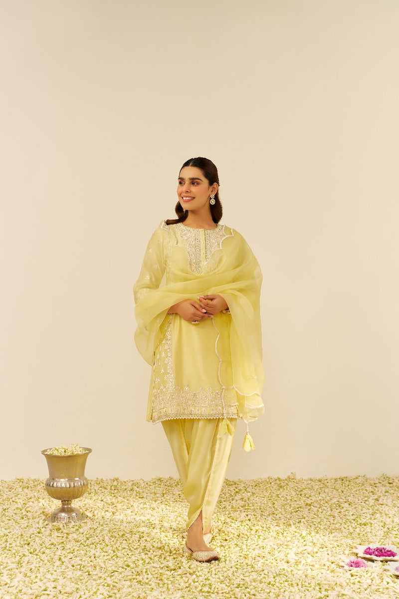 Zaisha - Short Kurta With Dhoti-Lemon Yellow silk by SHEETAL BATRA in yellow color for women in Singapore