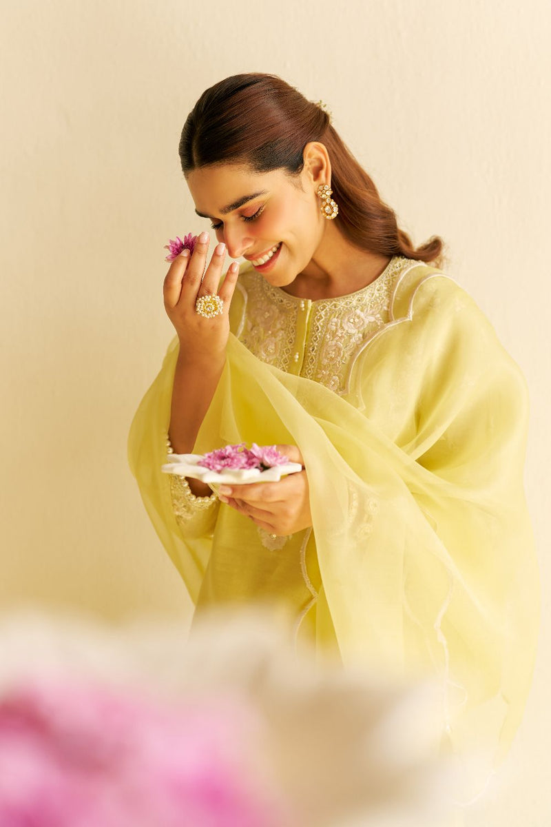 Zaisha - Short Kurta With Dhoti-Lemon Yellow silk by SHEETAL BATRA in yellow color for women in Singapore