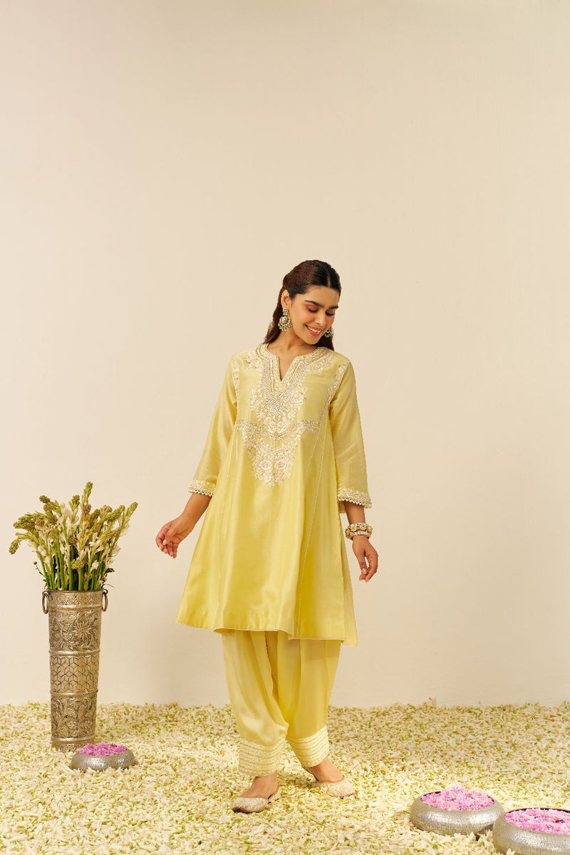 Aiza - Short Chauga With Salwar-Lemon Yellow silk by SHEETAL BATRA in yellow color for women in Singapore
