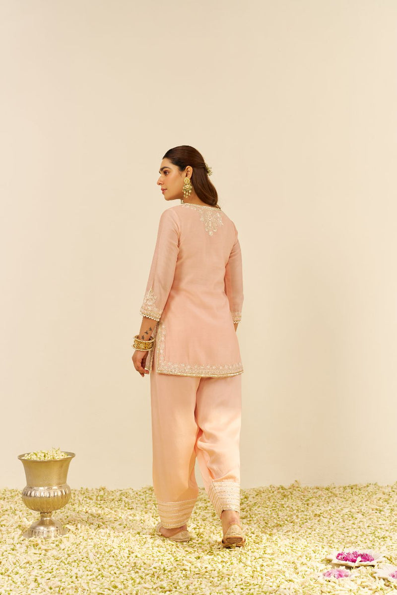 Haniya - Short Kurta With Salwar And Dupatta-Off Rose silk by SHEETAL BATRA in pink color for women in Singapore
