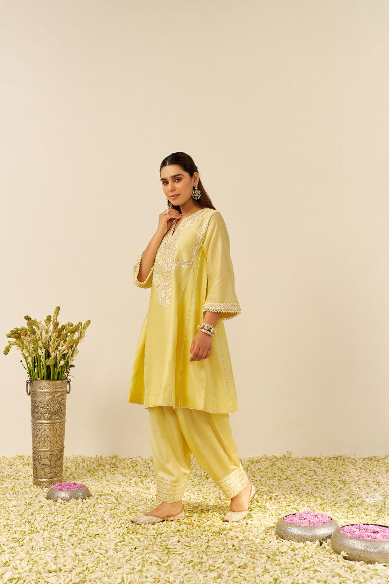 Aiza - Short Chauga With Salwar-Lemon Yellow silk by SHEETAL BATRA in yellow color for women in Singapore
