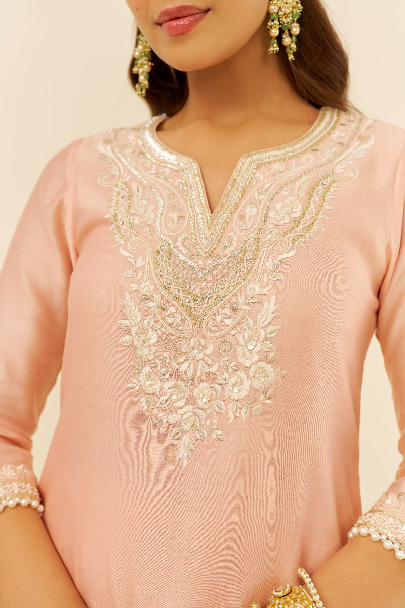 Haniya - Short Kurta With Salwar And Dupatta-Off Rose silk by SHEETAL BATRA in pink color for women in Singapore