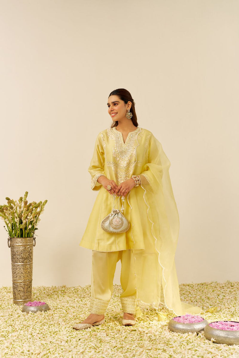 Aiza - Short Chauga With Salwar-Lemon Yellow silk by SHEETAL BATRA in yellow color for women in Singapore