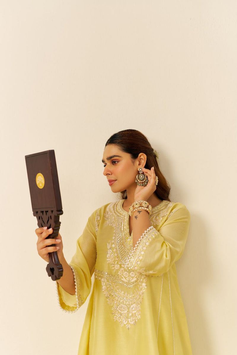 Aiza - Short Chauga With Salwar-Lemon Yellow silk by SHEETAL BATRA in yellow color for women in Singapore