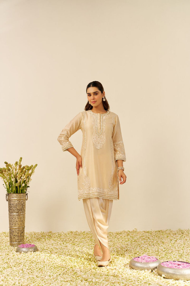 Zahra - Short Kurta With Dhoti-Beige silk by SHEETAL BATRA in beige color for women in Singapore