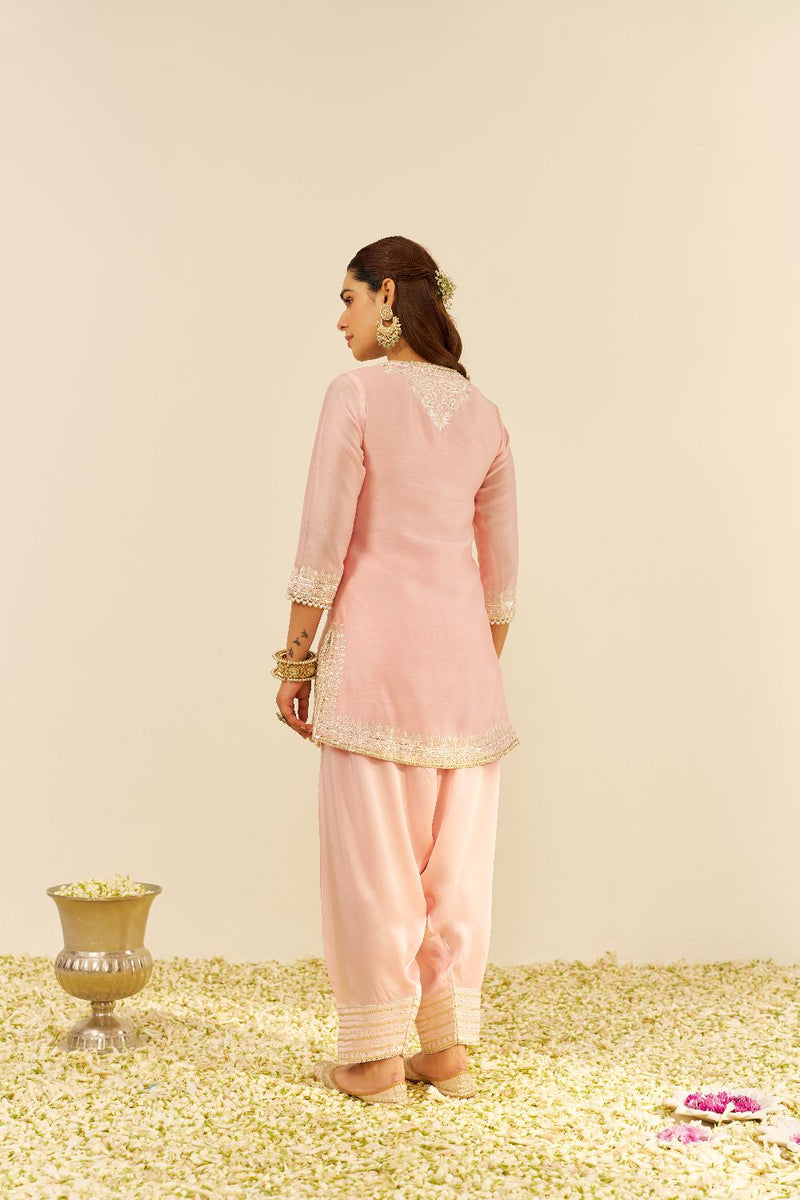 Sara - Short Kurta With Salwar And Dupatta-Blush Pink silk by SHEETAL BATRA in blush color for women in Singapore