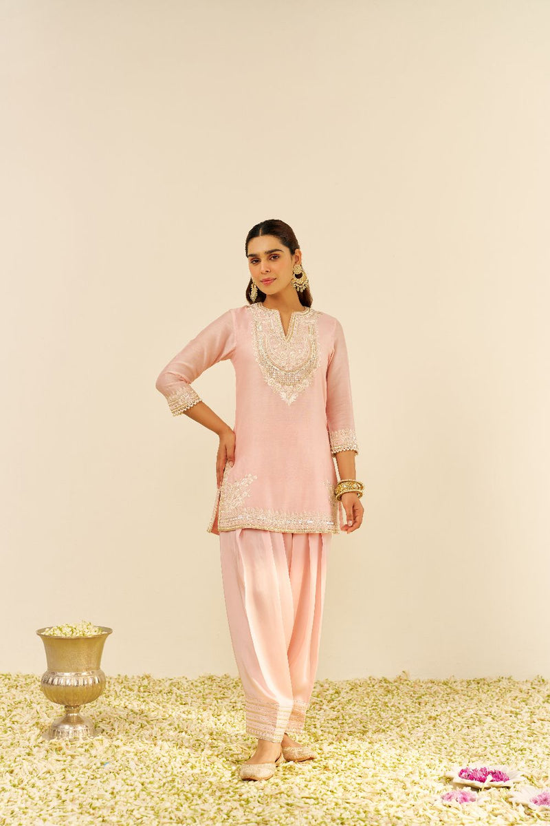 Sara - Short Kurta With Salwar And Dupatta-Blush Pink silk by SHEETAL BATRA in blush color for women in Singapore