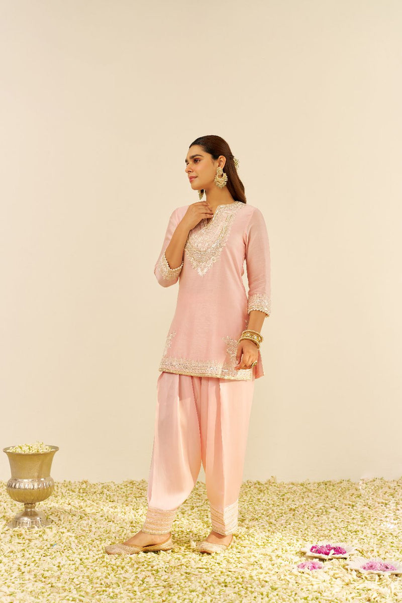 Sara - Short Kurta With Salwar And Dupatta-Blush Pink silk by SHEETAL BATRA in blush color for women in Singapore