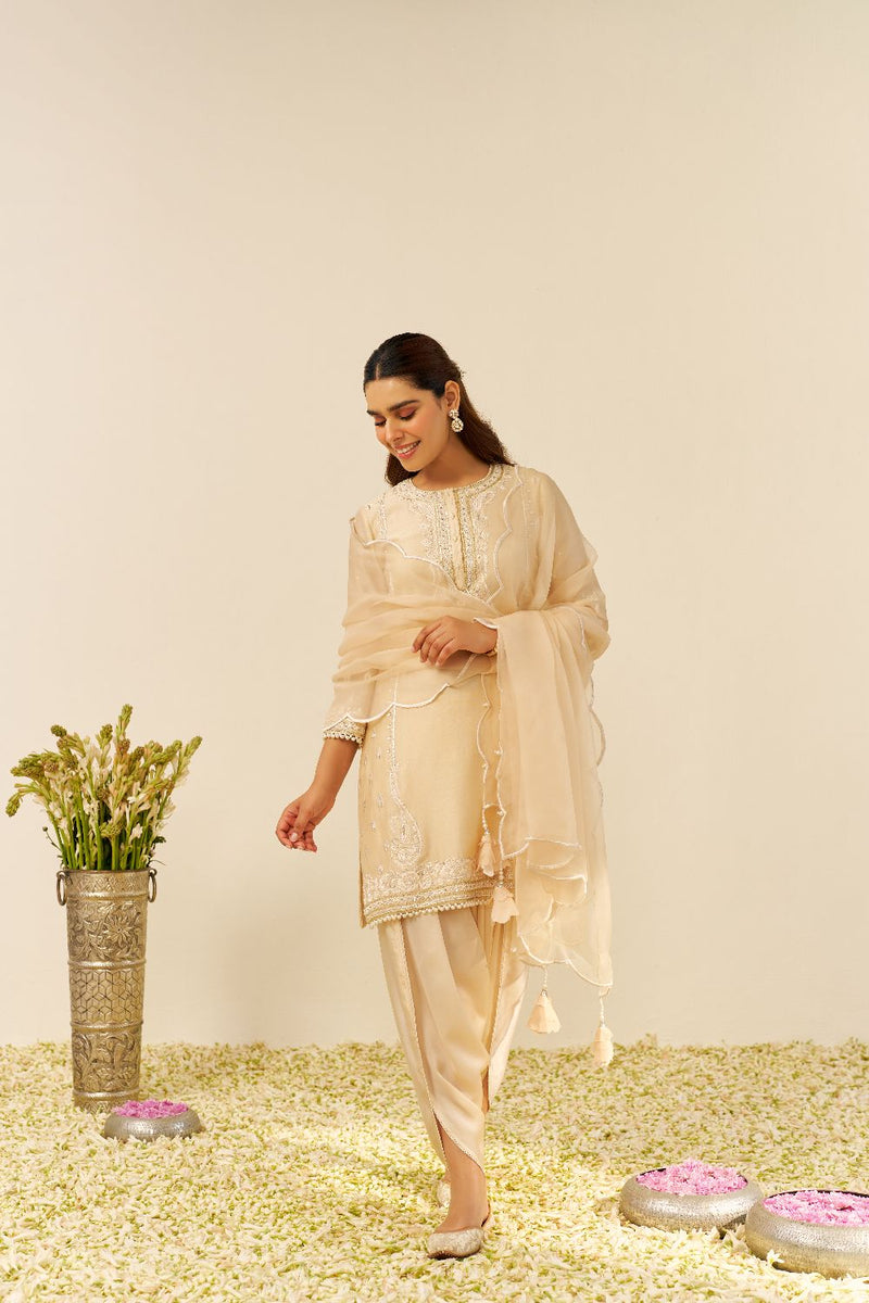 Zahra - Short Kurta With Dhoti-Beige silk by SHEETAL BATRA in beige color for women in Singapore