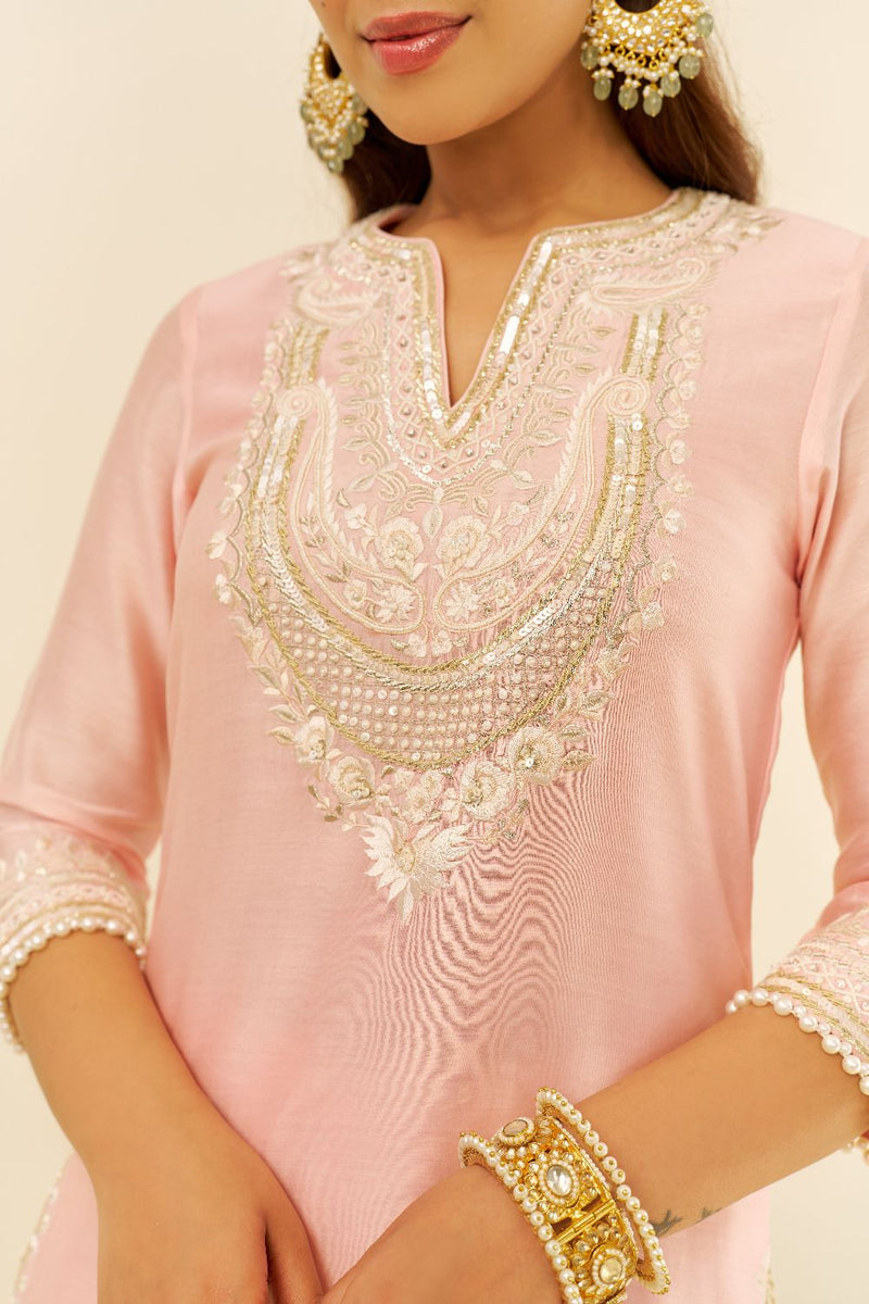 Sara - Short Kurta With Salwar And Dupatta-Blush Pink silk by SHEETAL BATRA in blush color for women in Singapore