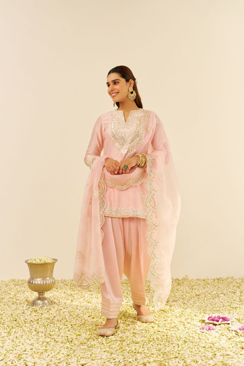 Sara - Short Kurta With Salwar And Dupatta-Blush Pink silk by SHEETAL BATRA in blush color for women in Singapore