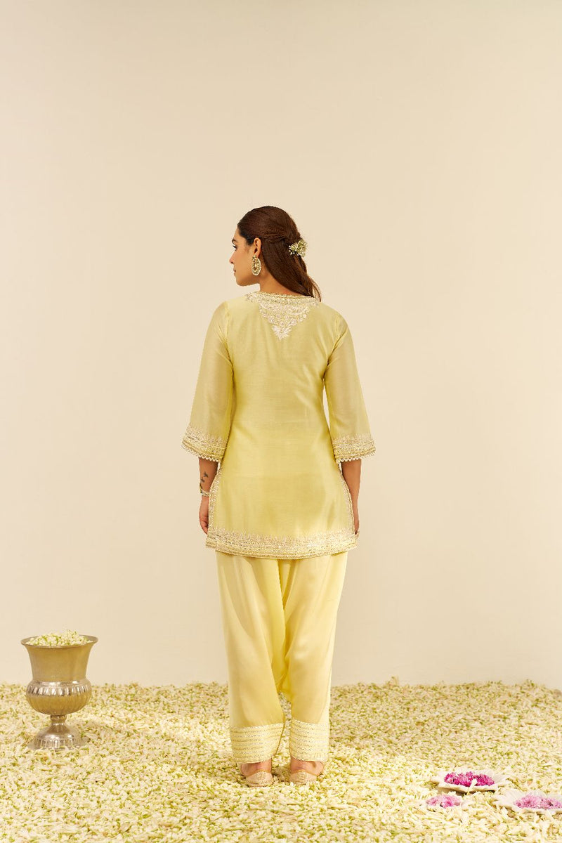 Sara - Short Kurta With Salwar And Dupatta-Lemon Yellow silk by SHEETAL BATRA in yellow color for women in Singapore