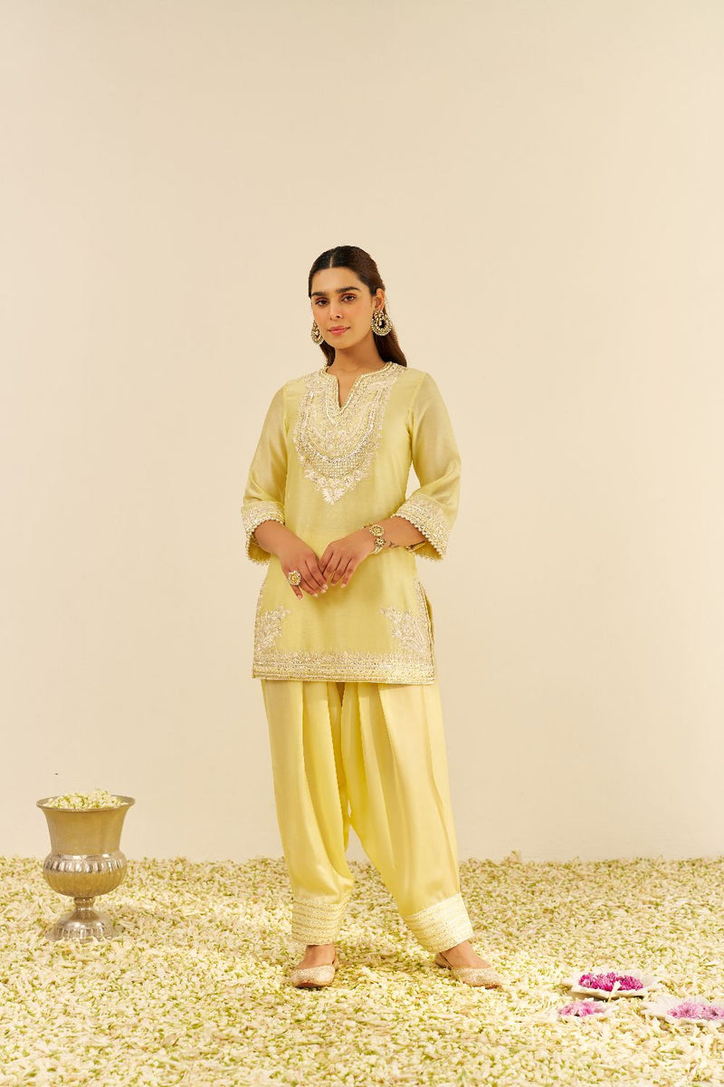 Sara - Short Kurta With Salwar And Dupatta-Lemon Yellow silk by SHEETAL BATRA in yellow color for women in Singapore