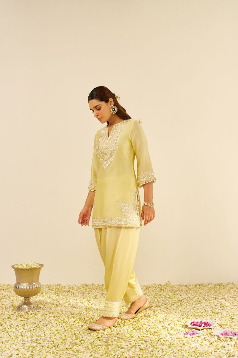 Sara - Short Kurta With Salwar And Dupatta-Lemon Yellow silk by SHEETAL BATRA in yellow color for women in Singapore