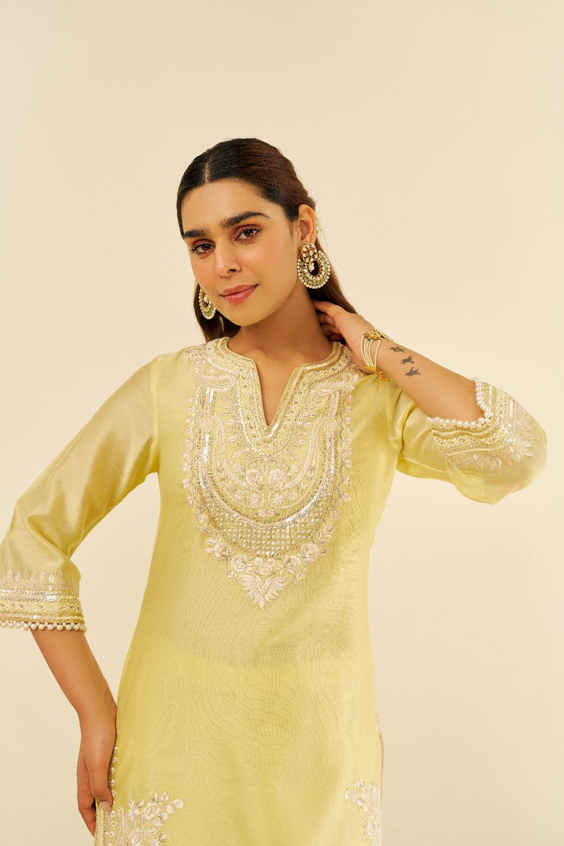 Sara - Short Kurta With Salwar And Dupatta-Lemon Yellow silk by SHEETAL BATRA in yellow color for women in Singapore