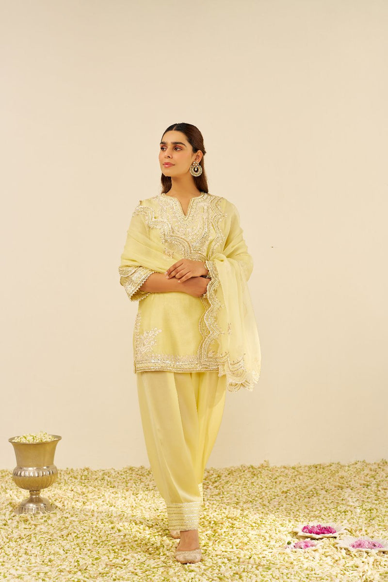 Sara - Short Kurta With Salwar And Dupatta-Lemon Yellow silk by SHEETAL BATRA in yellow color for women in Singapore