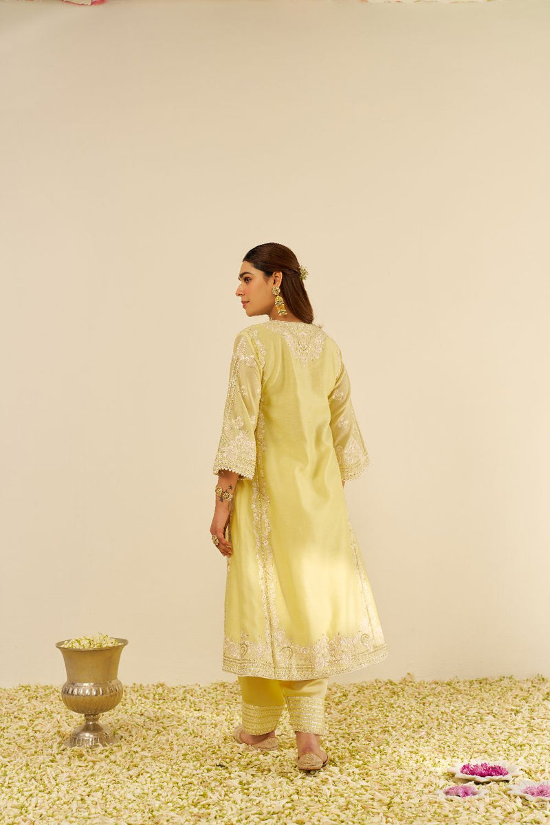 Maziya - Long Chauga With Salwar And Dupatta-Lemon Yellow silk by SHEETAL BATRA in yellow color for women in Singapore