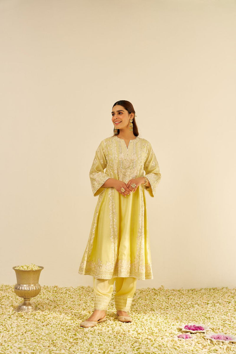 Maziya - Long Chauga With Salwar And Dupatta-Lemon Yellow silk by SHEETAL BATRA in yellow color for women in Singapore