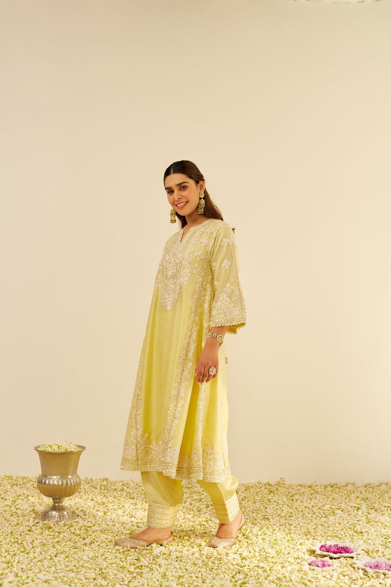 Maziya - Long Chauga With Salwar And Dupatta-Lemon Yellow silk by SHEETAL BATRA in yellow color for women in Singapore