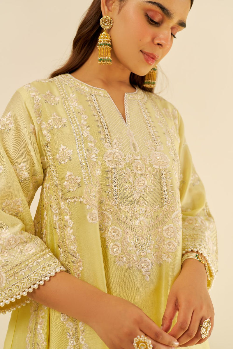 Maziya - Long Chauga With Salwar And Dupatta-Lemon Yellow silk by SHEETAL BATRA in yellow color for women in Singapore