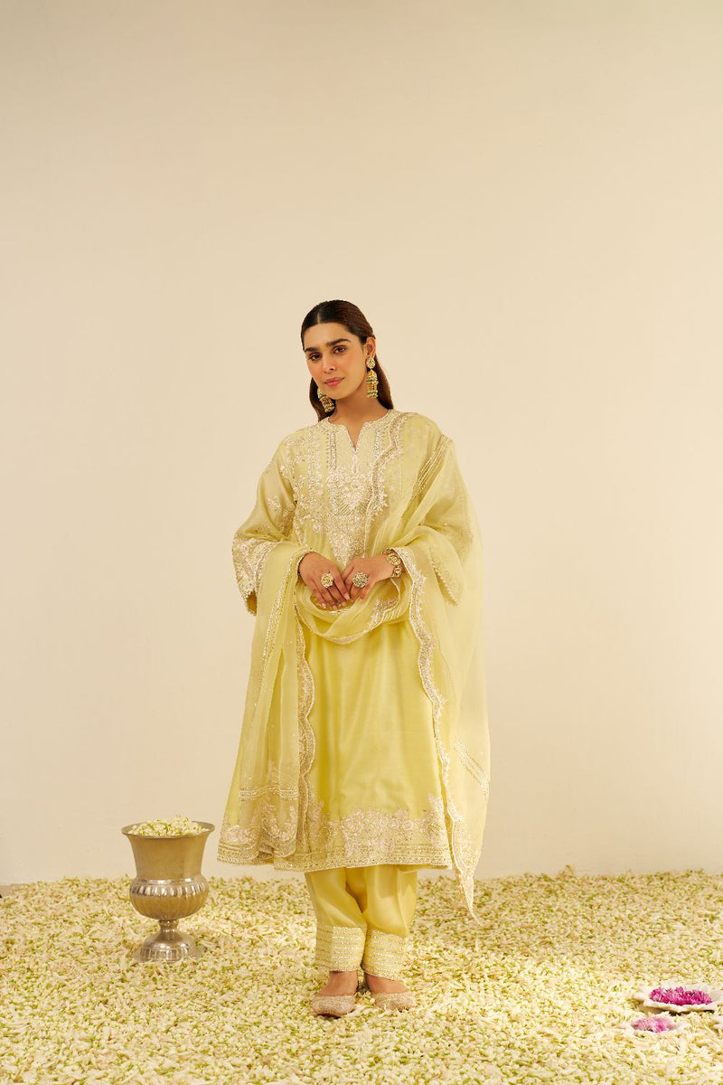 Maziya - Long Chauga With Salwar And Dupatta-Lemon Yellow silk by SHEETAL BATRA in yellow color for women in Singapore