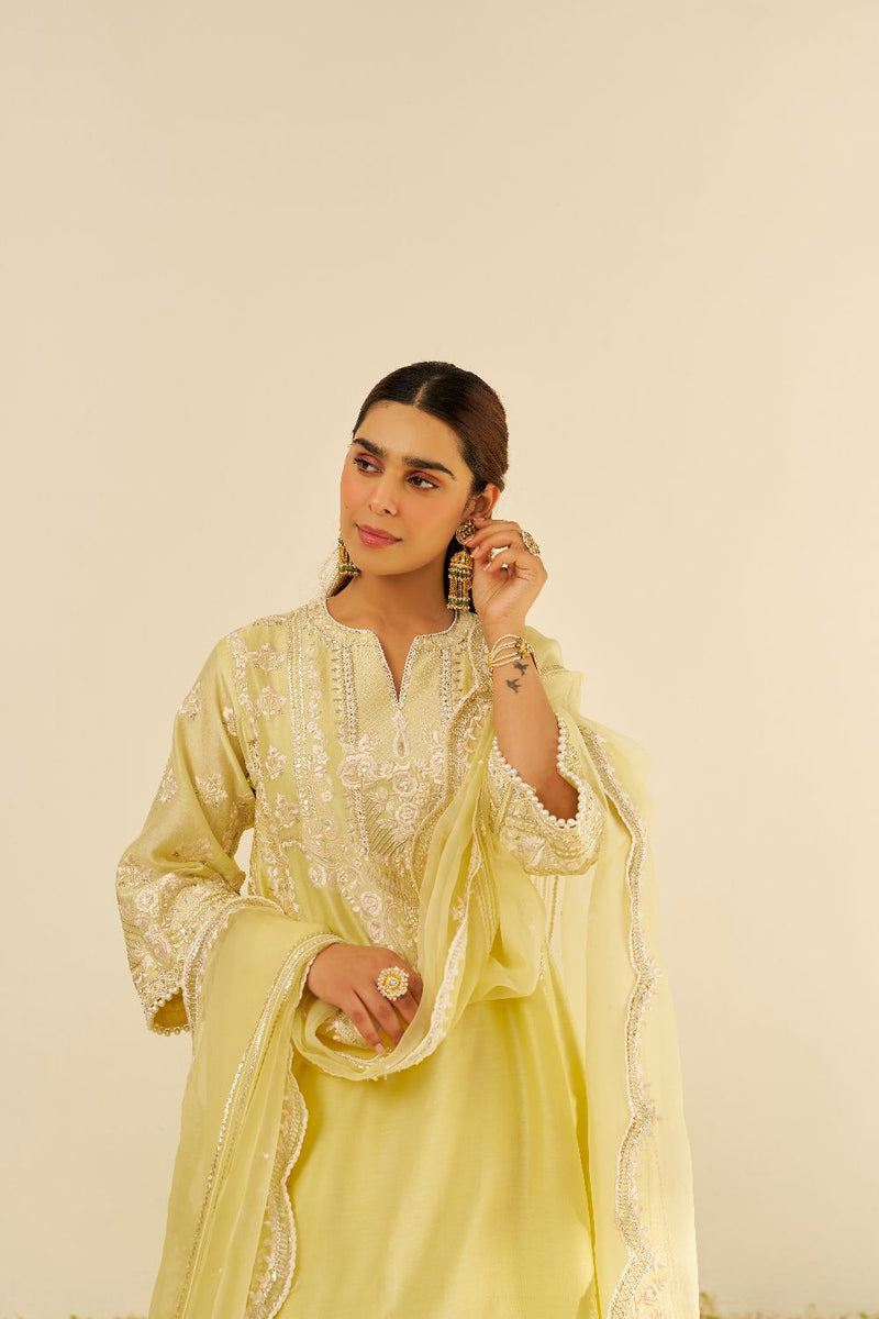 Maziya - Long Chauga With Salwar And Dupatta-Lemon Yellow silk by SHEETAL BATRA in yellow color for women in Singapore