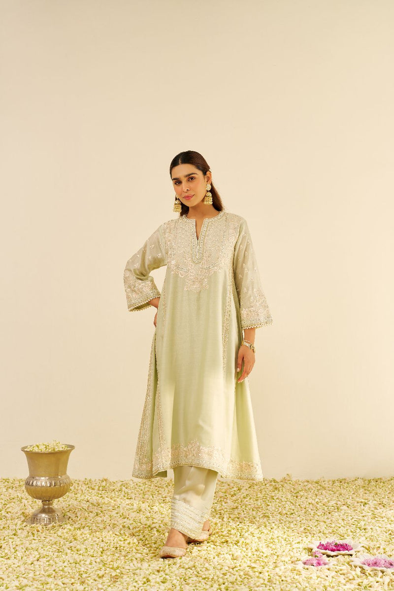Maaroofa - Long Chauga With Salwar-Mint Green silk by SHEETAL BATRA in mint color for women in Singapore