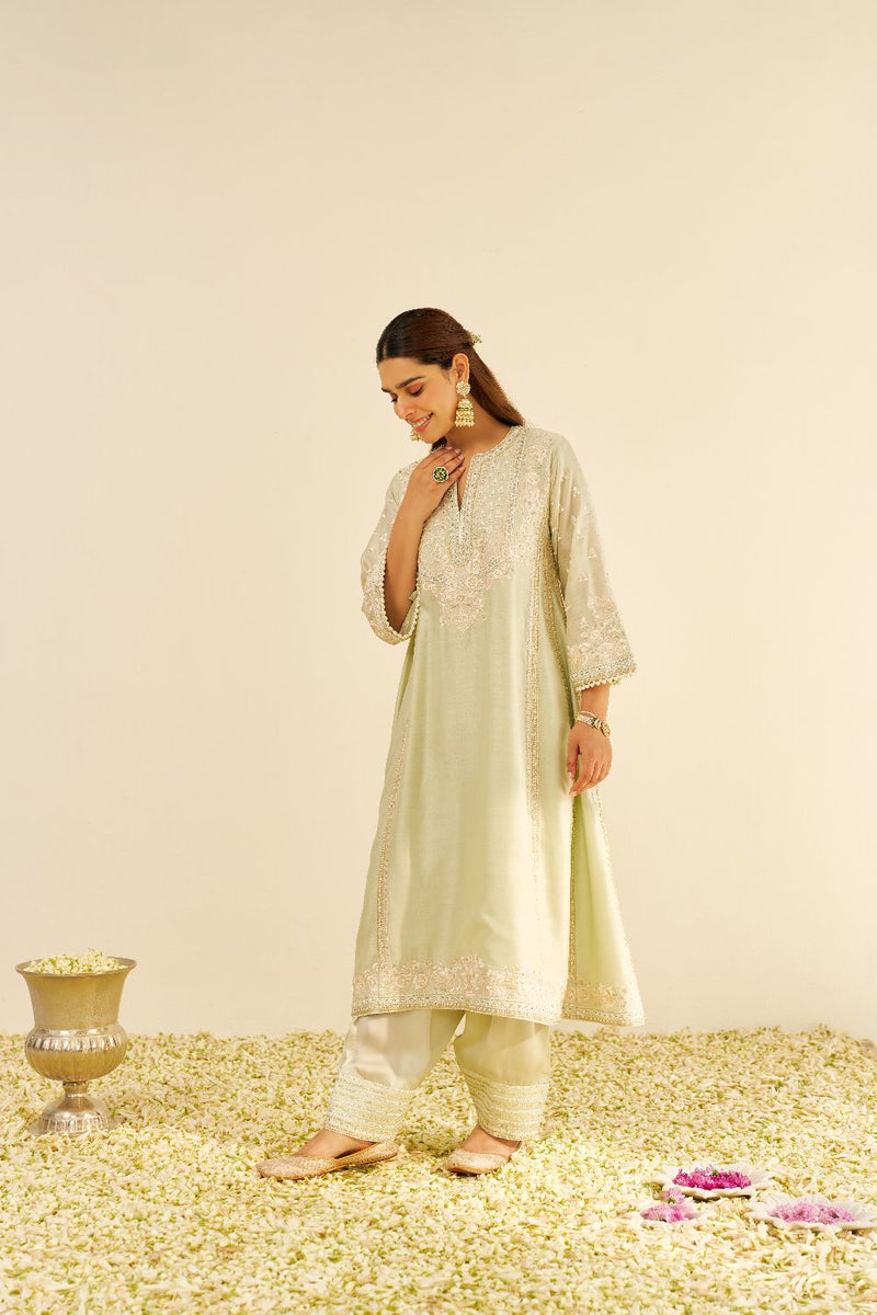 Maaroofa - Long Chauga With Salwar-Mint Green silk by SHEETAL BATRA in mint color for women in Singapore