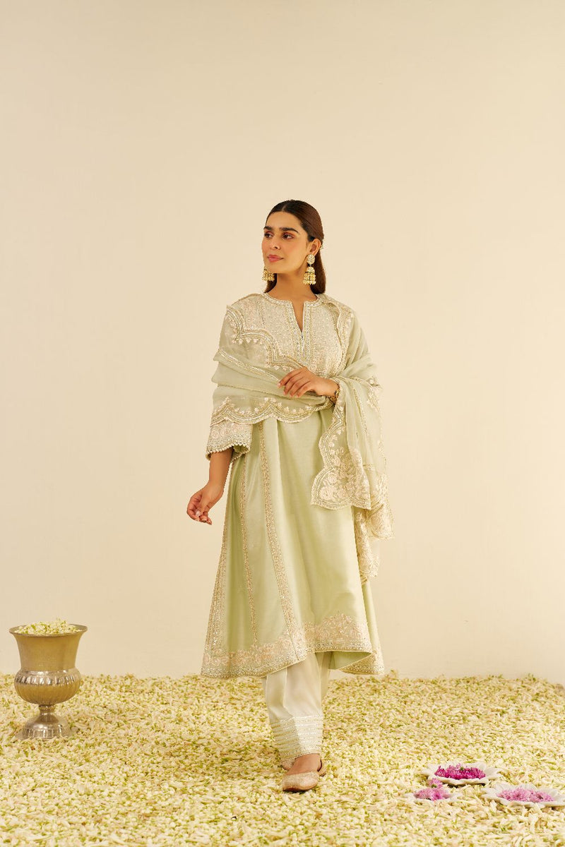 Maaroofa - Long Chauga With Salwar-Mint Green silk by SHEETAL BATRA in mint color for women in Singapore