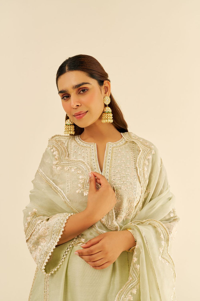 Maaroofa - Long Chauga With Salwar-Mint Green silk by SHEETAL BATRA in mint color for women in Singapore