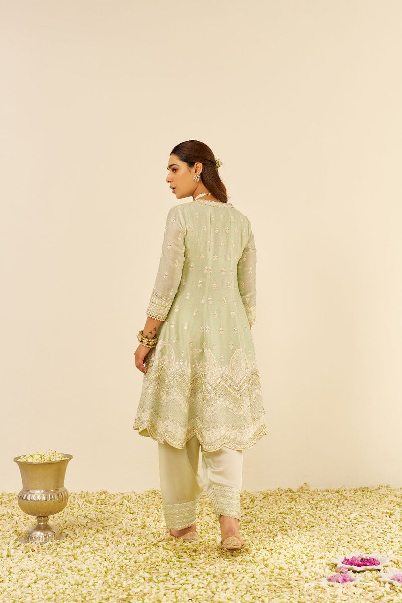 Meeram - Short Anarkali With Salwar And Dupatta-Mint Green silk by SHEETAL BATRA in mint color for women in Singapore