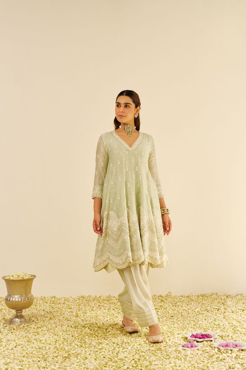 Meeram - Short Anarkali With Salwar And Dupatta-Mint Green silk by SHEETAL BATRA in mint color for women in Singapore