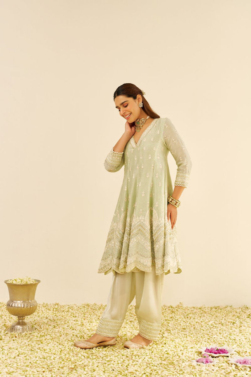 Meeram - Short Anarkali With Salwar And Dupatta-Mint Green silk by SHEETAL BATRA in mint color for women in Singapore
