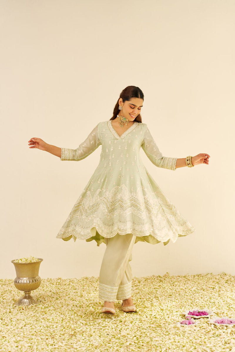 Meeram - Short Anarkali With Salwar And Dupatta-Mint Green silk by SHEETAL BATRA in mint color for women in Singapore